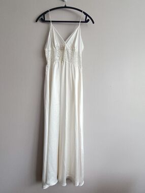 Vtg Linda Lingerie Satin & Stretchy Lace Maxi Slip Dress Cream Ivory - Size L